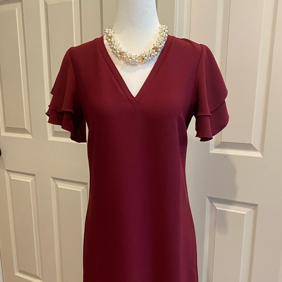 ANN TAYLOR Burgundy Flutter Sleeve Dress, Size 0P (zero Petite) - Picture 15 of 16